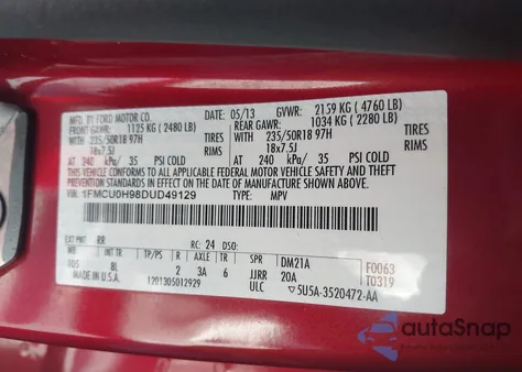 2013 Ford Escape Sel z USA, uszkodzony, nr VIN 1FMCU0H98DUD49129